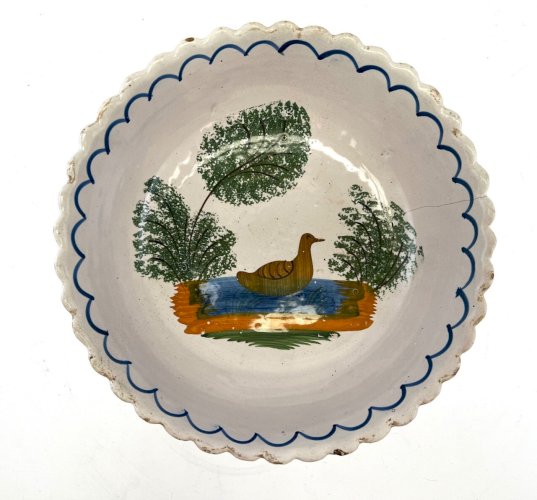 Jatte ancienne Nevers 19e – Faïence décor canard sur l’eau – 25 cm