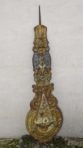 -JOLI ANCIEN BALANCIER DE PENDULE HORLOGE COMTOISE LAITON FLEURI et PEINT   D