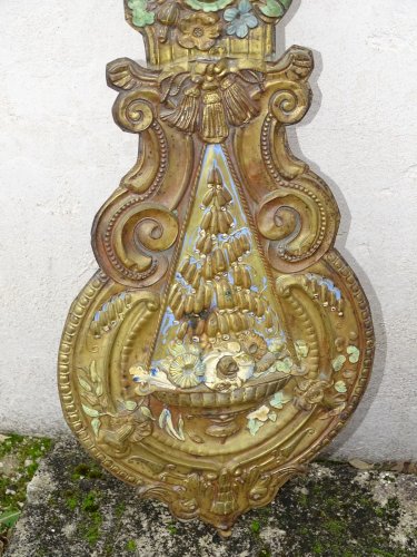 -JOLI ANCIEN BALANCIER DE PENDULE HORLOGE COMTOISE LAITON FLEURI et PEINT   D