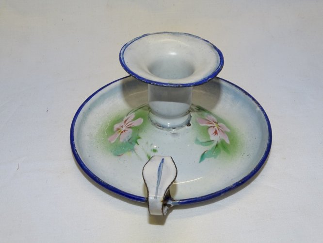 -JOLI ANCIEN BOUGEOIR A MAIN TÔLE EMAILLE EMAIL FLEURS ROSES COLLECTION BOUGIE D