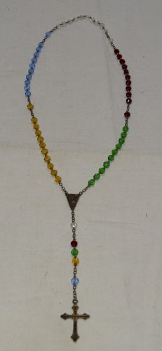 -JOLI ANCIEN CHAPELET CROIX METAL ARGENTE PERLES VERRE 5 COULEURS RELIGION    D