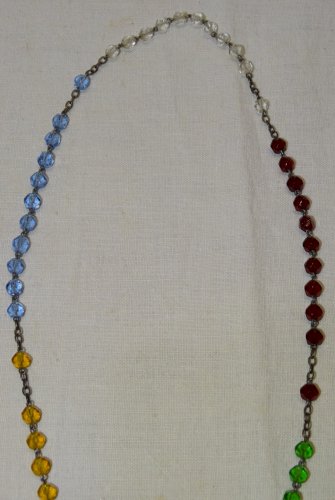 -JOLI ANCIEN CHAPELET CROIX METAL ARGENTE PERLES VERRE 5 COULEURS RELIGION    D