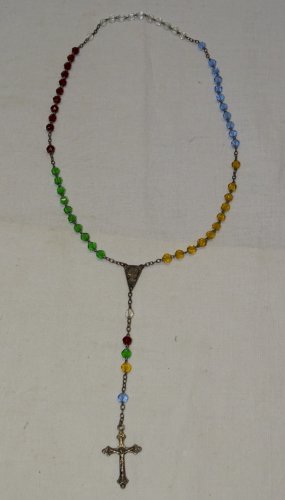 -JOLI ANCIEN CHAPELET CROIX METAL ARGENTE PERLES VERRE 5 COULEURS RELIGION    D