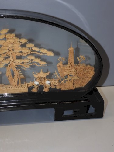 -JOLI ANCIEN DIORAMA REPUBLIQUE de CHINE BOIS Laqué et  LIEGE déco  D