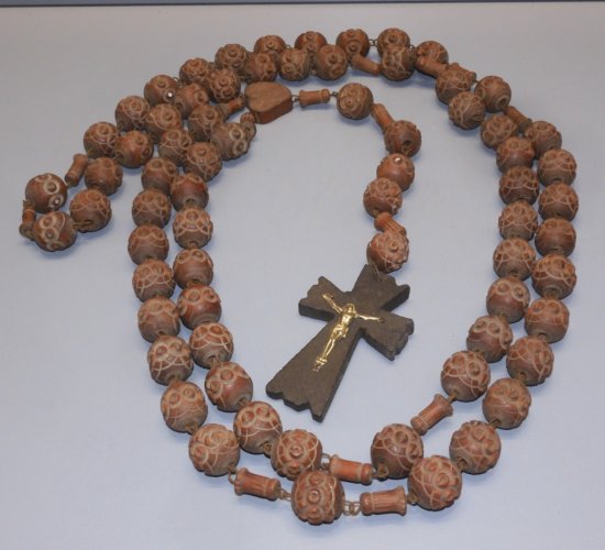 -JOLI ANCIEN GRAND ROSAIRE BOIS BOULES SCULPTEES COEUR de MARIE Jésus chapelet D