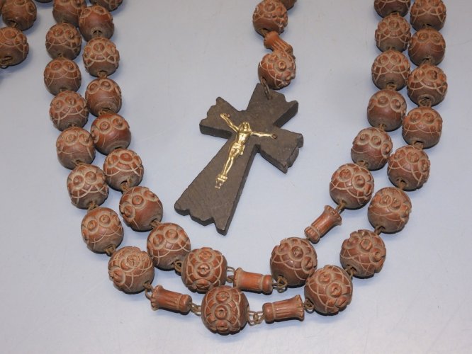 -JOLI ANCIEN GRAND ROSAIRE BOIS BOULES SCULPTEES COEUR de MARIE Jésus chapelet D