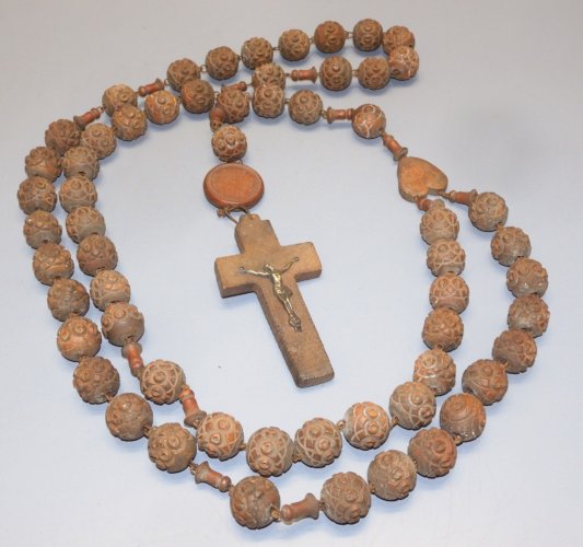 -JOLI ANCIEN GRAND ROSAIRE BOIS BOULES SCULPTEES COEUR de MARIE Jésus chapelet D