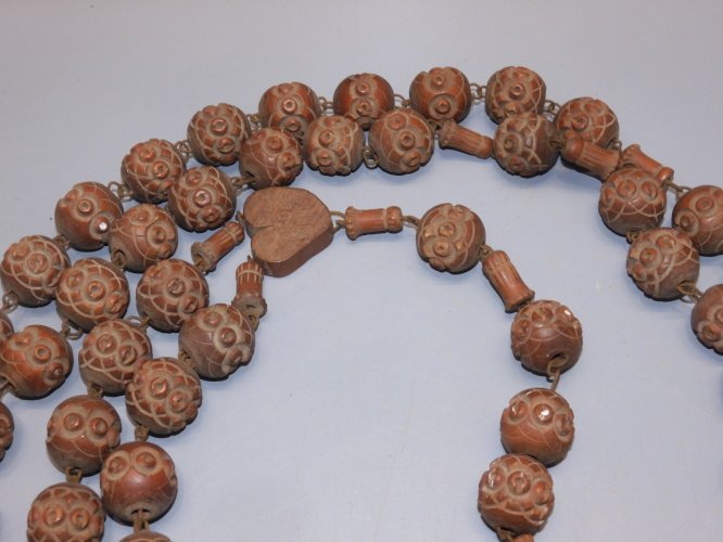 -JOLI ANCIEN GRAND ROSAIRE BOIS BOULES SCULPTEES COEUR de MARIE Jésus chapelet D