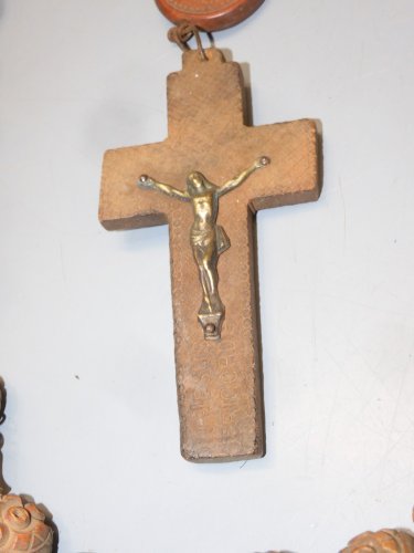 -JOLI ANCIEN GRAND ROSAIRE BOIS BOULES SCULPTEES COEUR de MARIE Jésus chapelet D