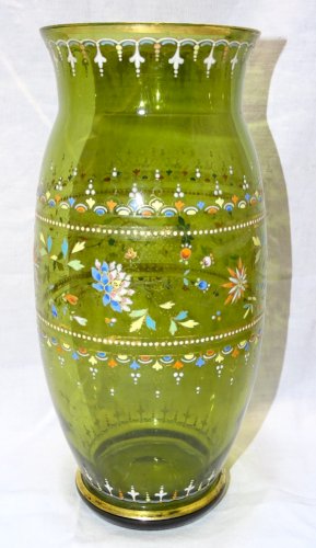 -JOLI ANCIEN GRAND VASE EN VERRE VERT Soufflé Emaillé FLEURS & MOTIFS COLORES  D
