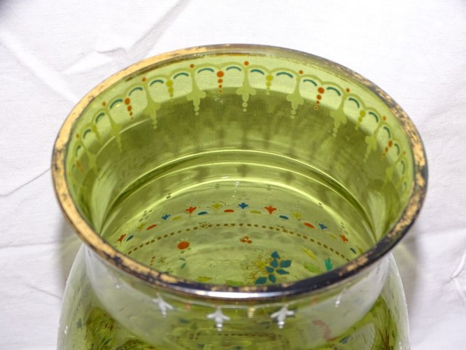 -JOLI ANCIEN GRAND VASE EN VERRE VERT Soufflé Emaillé FLEURS & MOTIFS COLORES  D