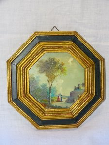NICE OLD SMALL GOLDEN WOOD FRAME and PAINTED with SMALL PAINTING 20th Century Signed D