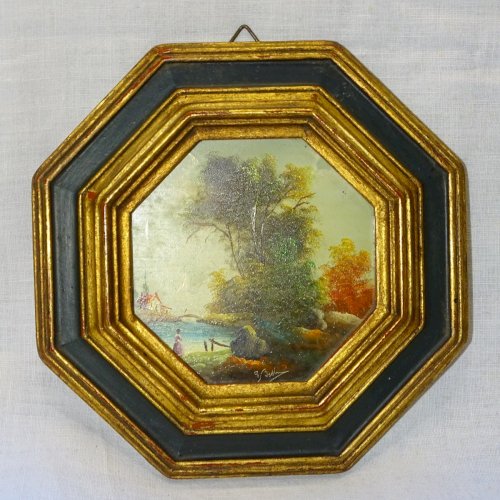 -JOLI ANCIEN PETIT CADRE BOIS DORE et PEINT avec PETITE PEINTURE  XXe  Signée  D