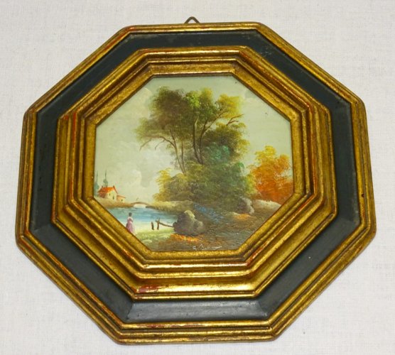 -JOLI ANCIEN PETIT CADRE BOIS DORE et PEINT avec PETITE PEINTURE  XXe  Signée  D