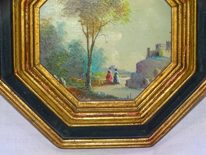 -JOLI ANCIEN PETIT CADRE BOIS DORE et PEINT avec PETITE PEINTURE  XXe  Signée  D