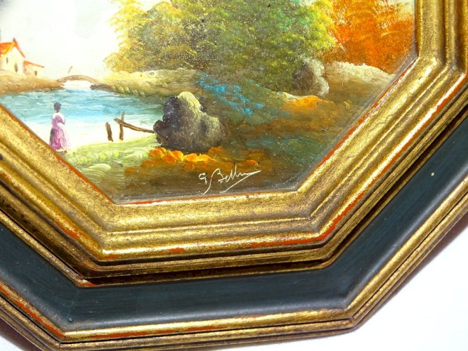 -JOLI ANCIEN PETIT CADRE BOIS DORE et PEINT avec PETITE PEINTURE  XXe  Signée  D