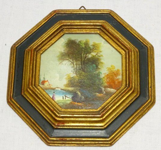-JOLI ANCIEN PETIT CADRE BOIS DORE et PEINT avec PETITE PEINTURE  XXe  Signée  D
