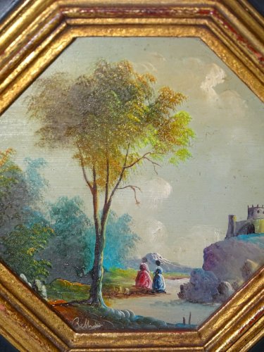 -JOLI ANCIEN PETIT CADRE BOIS DORE et PEINT avec PETITE PEINTURE  XXe  Signée  D