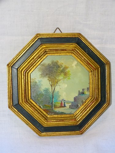 -JOLI ANCIEN PETIT CADRE BOIS DORE et PEINT avec PETITE PEINTURE  XXe  Signée  D