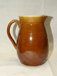 NICE OLD STONEWARE PITCHER FOR WATER OR WINE ON THE ANTIQUE KITCHEN TABLE D
