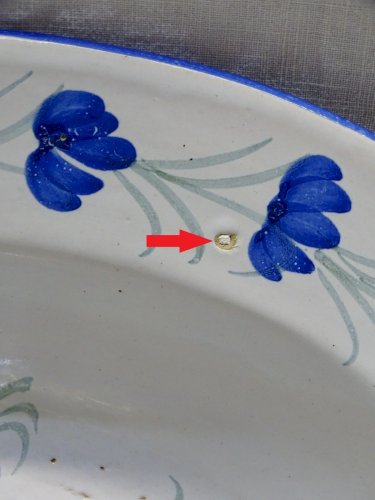 -JOLI ANCIEN PLAT A BARBE XIXe céramique à décor de fleurs Bleues & feuilles   D