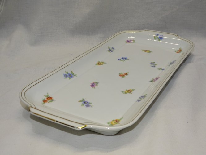 -JOLI ANCIEN PLAT à CAKE en PORCELAINE Française déco PETITES FLEURS COLOREES