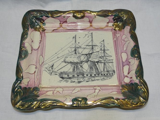 -JOLI ANCIEN PLAT DECORATIF MURAL CERAMIQUE CRAQUELEE déco GRAND VOILIER   D