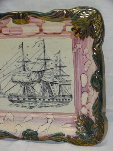 -JOLI ANCIEN PLAT DECORATIF MURAL CERAMIQUE CRAQUELEE déco GRAND VOILIER   D