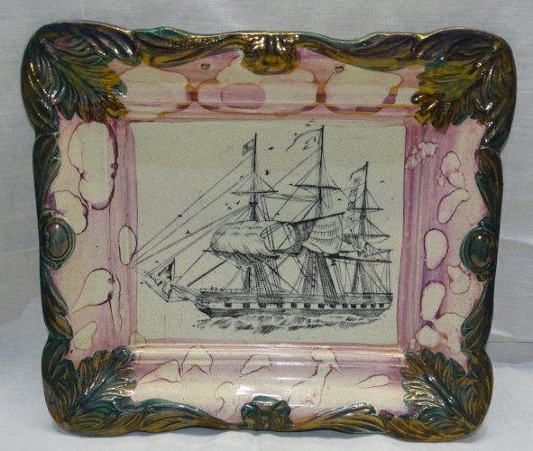 -JOLI ANCIEN PLAT DECORATIF MURAL CERAMIQUE CRAQUELEE déco GRAND VOILIER   D