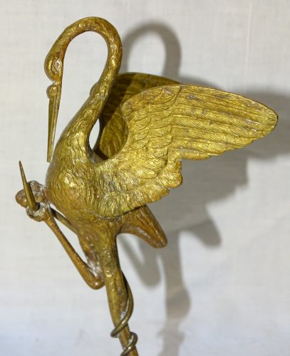 -JOLI ANCIEN PORTE MONTRE BRONZE OISEAU ECHASSIER GRIMPE SUR UNE TORTUE    D
