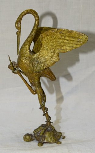-JOLI ANCIEN PORTE MONTRE BRONZE OISEAU ECHASSIER GRIMPE SUR UNE TORTUE    D