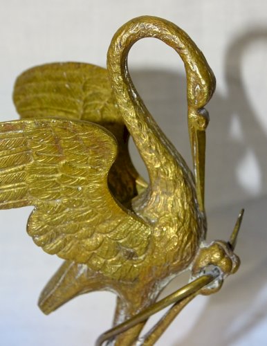 -JOLI ANCIEN PORTE MONTRE BRONZE OISEAU ECHASSIER GRIMPE SUR UNE TORTUE    D