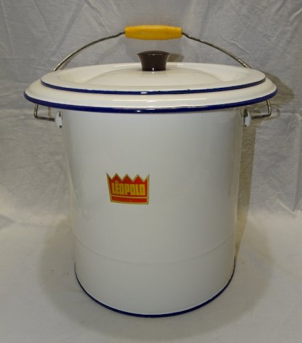 - JOLI ANCIEN POT DE CHAMBRE EMAILLE BLANC MARQUE LEOPOLD avec son COUVERCLE   D