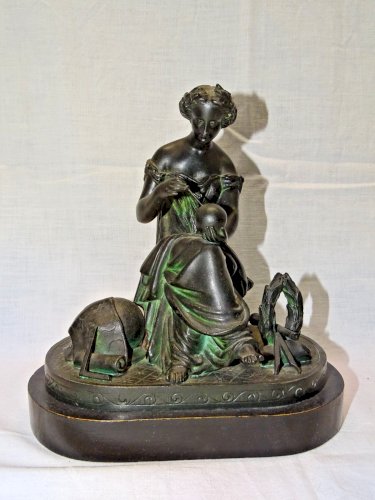 -JOLI ANCIEN SUJET REGULE PATINE NOIRE NAPOLEON III XIXe SOCLE BOIS NOIRCI    D