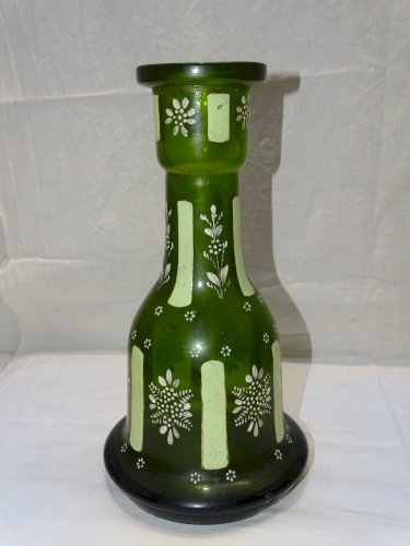 -  JOLI ANCIEN VASE BAS DE NARGUILE VERRE EMAILLE FLEURS BLANCHES VITRINE    D