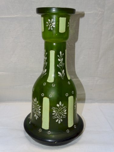 -  JOLI ANCIEN VASE BAS DE NARGUILE VERRE EMAILLE FLEURS BLANCHES VITRINE    D