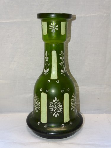 -  JOLI ANCIEN VASE BAS DE NARGUILE VERRE EMAILLE FLEURS BLANCHES VITRINE    D