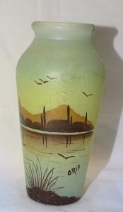 NICE OLD PAINTED GLASS VASE Signed ORIS LAKE LANDSCAPE COLLECTION D