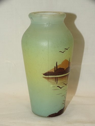-JOLI ANCIEN VASE EN VERRE PEINT Signé ORIS PAYSAGE LACUSTRE COLLECTION     D