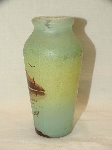 -JOLI ANCIEN VASE EN VERRE PEINT Signé ORIS PAYSAGE LACUSTRE COLLECTION     D