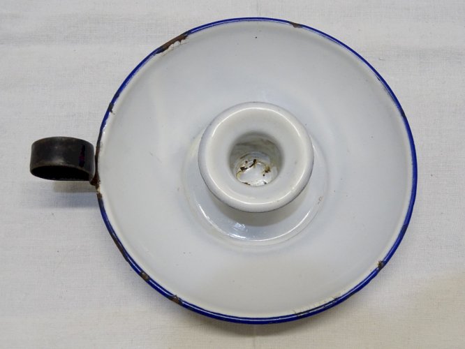 -JOLI BOUGEOIR A MAIN TÔLE EMAILLEE BLANC BORDS BLEUS COLLECTION DECO    D