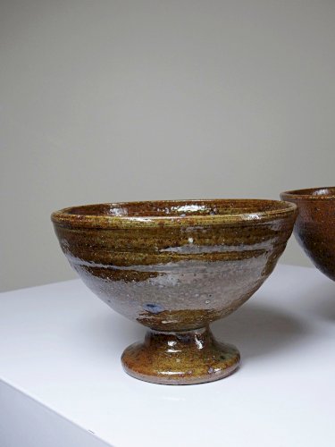 Paire de bols à pieds en grès pyrité vintages style Baudat La Borne années 60-70