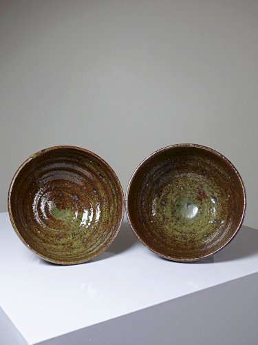 Paire de bols à pieds en grès pyrité vintages style Baudat La Borne années 60-70