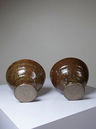 Paire de bols à pieds en grès pyrité vintages style Baudat La Borne années 60-70