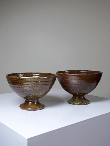 Paire de bols à pieds en grès pyrité vintages style Baudat La Borne années 60-70
