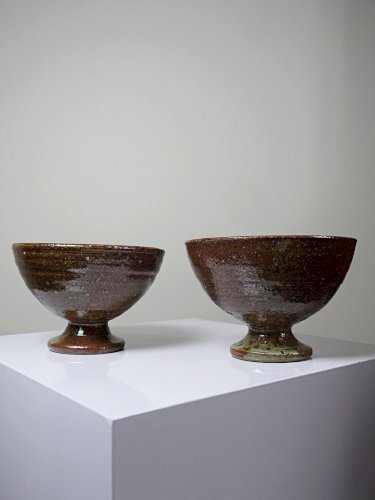 Paire de bols à pieds en grès pyrité vintages style Baudat La Borne années 60-70