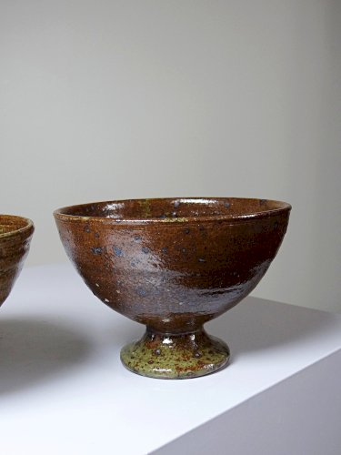 Paire de bols à pieds en grès pyrité vintages style Baudat La Borne années 60-70