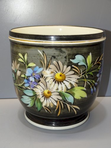 -JOLI CACHE POT NIII XIXe FLEURS MARGUERITES SUR FOND NOIR COLLECTION DECO   D