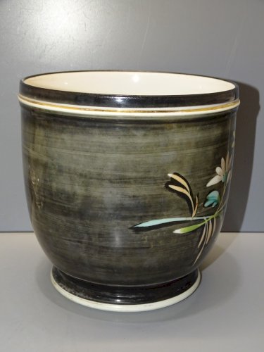 -JOLI CACHE POT NIII XIXe FLEURS MARGUERITES SUR FOND NOIR COLLECTION DECO   D