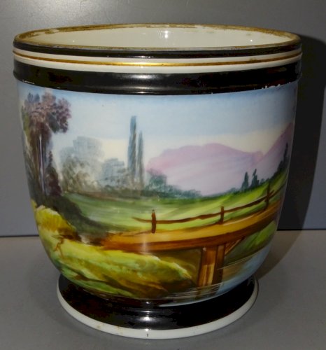 -JOLI CACHE POT PORCELAINE NAPOLEON III Décor lacustre et Paysage Pont    D